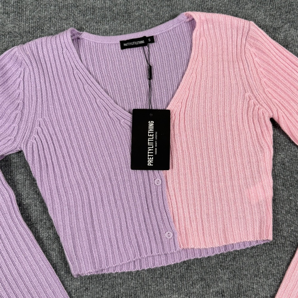 PrettyLittleThing Cardigan Womens Small Ribbed Knit Color Block Sweater Pullover